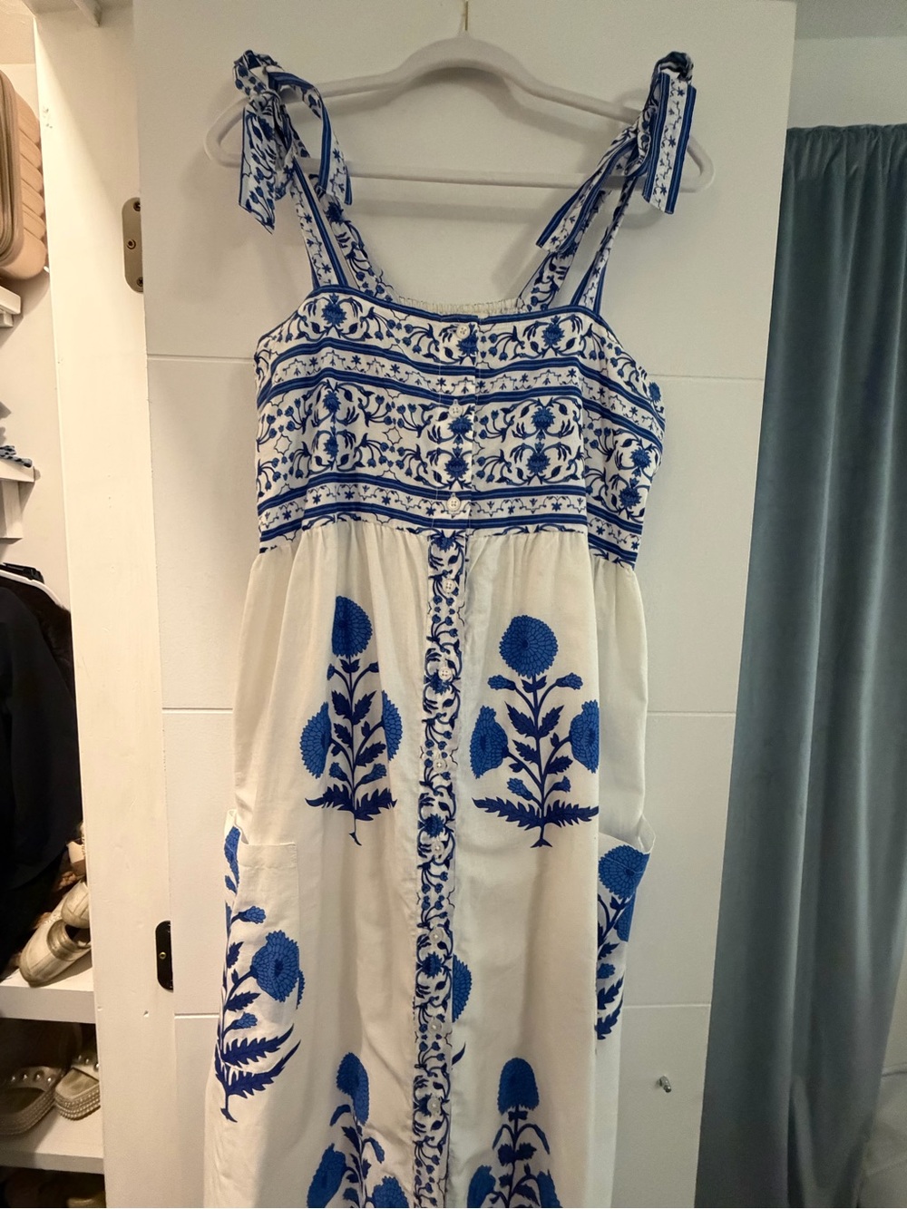 Blue and White Embroidered Tie-Shoulder Dress